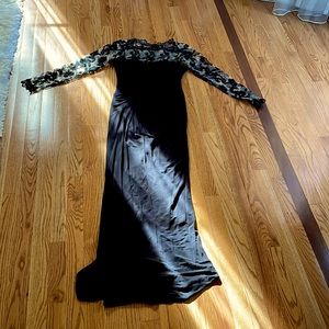 Long black maxi with sheer floral net sleeves